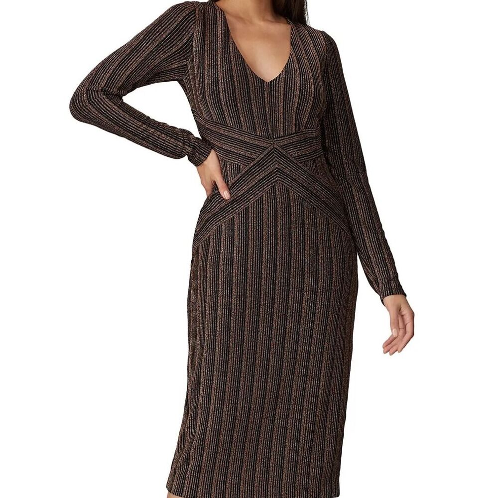 PerSeption Concept Copper Quinn Shimmer Rose Gold Metallic Bodycon Midi Dress L